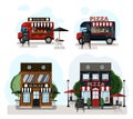 A set of vector food trucks, fast food and cafes. Cartoon burgers cafe and pizza cafe icons. Flat design of facades Royalty Free Stock Photo