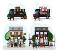 A set of vector food trucks, fast food and cafes. Cartoon pizza cafe and coffee house icons. Flat design of facades Royalty Free Stock Photo