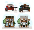 A set of vector food trucks, fast food and cafes. Cartoon burgers cafe and coffee house icons. Flat design of facades Royalty Free Stock Photo