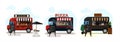 Set of vector food trucks with pizza, coffee and burgers. Vector flat illustration of a fast food vans on wheels with a Royalty Free Stock Photo