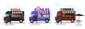 Set of vector food trucks with pizza, donuts and burgers. Vector flat illustration of a fast food vans on wheels with a Royalty Free Stock Photo