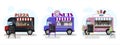 Set of vector food trucks with pizza, donuts and ice cream. Vector flat illustration of a fast food place on wheels with Royalty Free Stock Photo