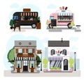 A set of vector food trucks, restaurants and cafes. Cartoon coffee house and ice-cream cafe icons. Flat design of Royalty Free Stock Photo