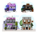 A set of vector food trucks, restaurants and cafes. Cartoon donuts cafe and coffee house icons. Flat design of facades Royalty Free Stock Photo