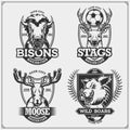 Set of vector football and soccer badges, labels and design elements. Sport club emblems with deer, bison, elk and wild boar. Prin