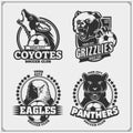 Set of vector football and soccer badges, labels and design elements. Sport club emblems with grizzly bear, panther, coyote, eagle