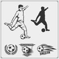 Set of vector football and soccer emblems, labels and design elements. Player silhouettes. Royalty Free Stock Photo