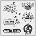 Set of vector football and soccer emblems, labels and design elements. Player silhouettes. Royalty Free Stock Photo