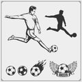 Set of vector football and soccer emblems, labels and design elements. Player silhouettes. Royalty Free Stock Photo