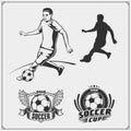 Set of vector football and soccer emblems, labels and design elements. Player silhouettes. Royalty Free Stock Photo