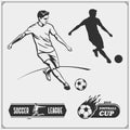 Set of vector football and soccer emblems, labels and design elements. Player silhouettes. Royalty Free Stock Photo