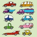 Set of vector freehand drawings of various cars Royalty Free Stock Photo