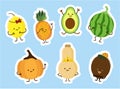 Set of vector fruit stickers Kawaii cute face. Best for learning children of food names Royalty Free Stock Photo