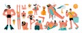 Set of vector funny characters relaxing, sunbathing, drinking cocktails and reading on the beach. People and animals at the resort Royalty Free Stock Photo