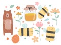 Set of vector funny kawaii bees with flowers and leaves.