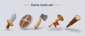 Set of vector game tools. 3D sword, shield, axe, bugle, spyglass. Spying, attack, defense Royalty Free Stock Photo