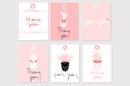 Set of 6 vector gift cards with words ``Thank you`` and ``For you`` in cute romantic girly style