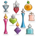 Set of vector glass elegant bottles with perfumes.