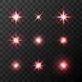 Set of Vector glowing light effect red stars bursts with sparkles on transparent background. Transparent red stars. Royalty Free Stock Photo