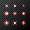 Set of Vector glowing light effect red stars bursts with sparkles on transparent background. Transparent red stars. Royalty Free Stock Photo
