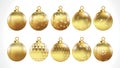 Set of vector gold christmas balls with ornaments. golden collection isolated realistic decorations. Vector illustration on white Royalty Free Stock Photo