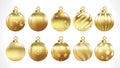 Set of vector gold christmas balls with ornaments. golden collection isolated realistic decorations. Vector illustration on white Royalty Free Stock Photo