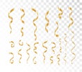 Set of vector golden ribbons on transparent background, holiday decorative design elements, golden serpentine Royalty Free Stock Photo