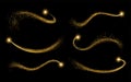 Set golden shimmering waves with light effect isolated on black background. Gold glittering star dust trail. Magic Royalty Free Stock Photo