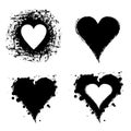 Set of vector graphic grunge illustrations of heart, sign with ink blot, brush strokes