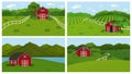 Set of vector green hill landscape. Illustration collection of hand drawn outline panorama field landscape, cloud sky, red barn,