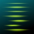 Set of vector green lens flares lines with sparkling particles. Design elements dark aqua background