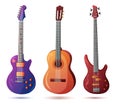 Set of vector guitars. Acoustic guitar, bass guitar, electric guitar Royalty Free Stock Photo