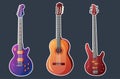 Set of vector guitars. Acoustic guitar, bass guitar, electric guitar. Stickers Royalty Free Stock Photo