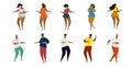 Set of vector hand drawn cartoon illustrations of latino, carribean, african men and women dancing mambo, bachata, salsa