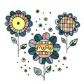 Set of vector hand drawn childish flowers Cute childlike Doodle, sketch, cartoon style. Line drawing. Graphic illustration