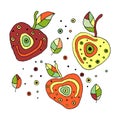 Set of vector hand drawn childish juicy, fruits. Cute childlike cherry with leaves, seeds, drops. Doodle, sketch, cartoon style. L Royalty Free Stock Photo