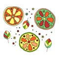 Set of vector hand drawn childish juicy, fruits. Cute childlike lime, orange, lemon, grapefruite, leaves, seeds, drops. Doodle, sk