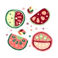 Set of vector hand drawn childish juicy, fruits. Cute childlike watermelon with leaves, seeds, drops. Doodle, sketch, cartoon styl