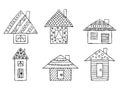 Set of vector hand drawn decorative stylized black and white childish houses. Doodle style, graphic illustration. Ornamental cute