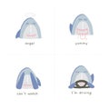 Set of vector hand drawn emoji. Funny shark smiles shows his tongue. Royalty Free Stock Photo