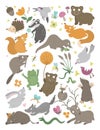 Set of vector hand drawn flat woodland animals vertical set. Funny animalistic background. Cute forest illustration for children