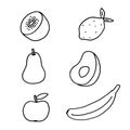Set of vector hand drawn fruits isolated on white. Doodle style illustration. Kiwi, lemon, pear, avocado, apple and Royalty Free Stock Photo