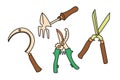 Set of vector hand drawn garden small shovel rake, pruner, sickle and metal farm secateur.