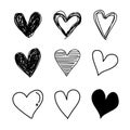 Set Vector Hand drawn hearts black.  Scribble hearts isolated on white background. Design elements for your graphic design. Royalty Free Stock Photo