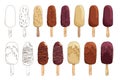 Set of vector hand drawn ice cream illustrations. Eskimo pie isolated on white. Ice lolly. Popsicle cake. Chocolate