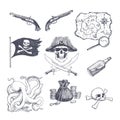 Set of vector hand drawn illustrations of pirate attributes. Collection of sketches with Jolly Roger, flag, map of island of Royalty Free Stock Photo