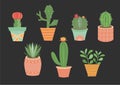 Set of vector hand drawn isolated cactus,Cute green cactus in flower ,illustrations.