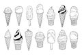 Set of vector hand drawn linear ice cream illustrations. Eskimo pie ice cream cone. Ice lolly. Popsicle cake. Chocolate