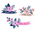 Set of Vector hand drawn ribbons with flowers and stylish phrases - 'thank you, with love, i love you'.