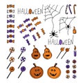 Set of vector Happy Halloween holiday stickers for decoration and making postcards. Pumpkin lantern, candy, spiders and cobwebs.